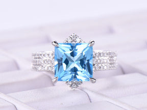 Princess Swiss Blue Topaz Ring Trio Set Contour Diamond Chevron Band - Lord of Gem Rings