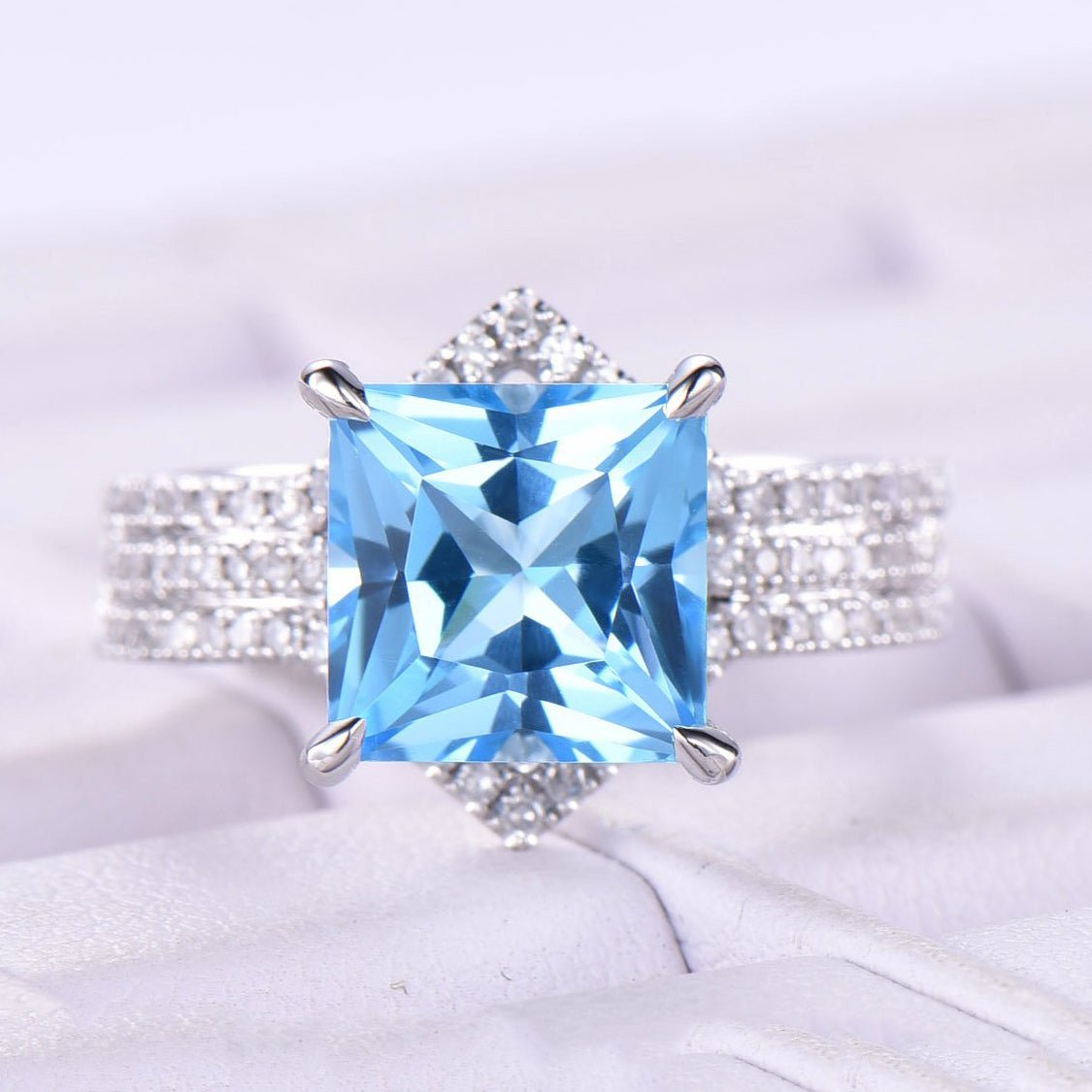Princess Swiss Blue Topaz Ring Trio Set Contour Diamond Chevron Band - Lord of Gem Rings