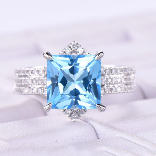 Princess Swiss Blue Topaz Ring Trio Set Contour Diamond Chevron Band
