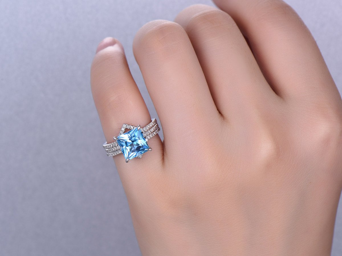 Princess Swiss Blue Topaz Ring Trio Set Contour Diamond Chevron Band - Lord of Gem Rings