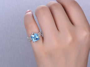 Princess Swiss Blue Topaz Ring Trio Set Contour Diamond Chevron Band - Lord of Gem Rings