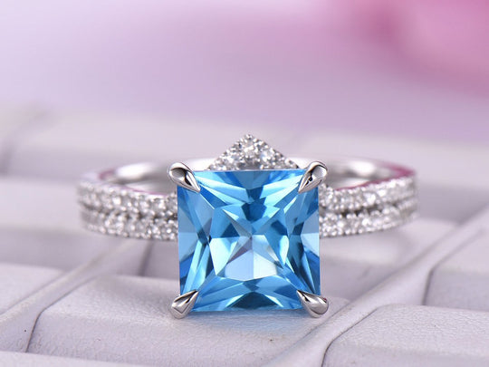 Princess Swiss Blue Topaz United-as-One Chevron Diamond Bridal Set