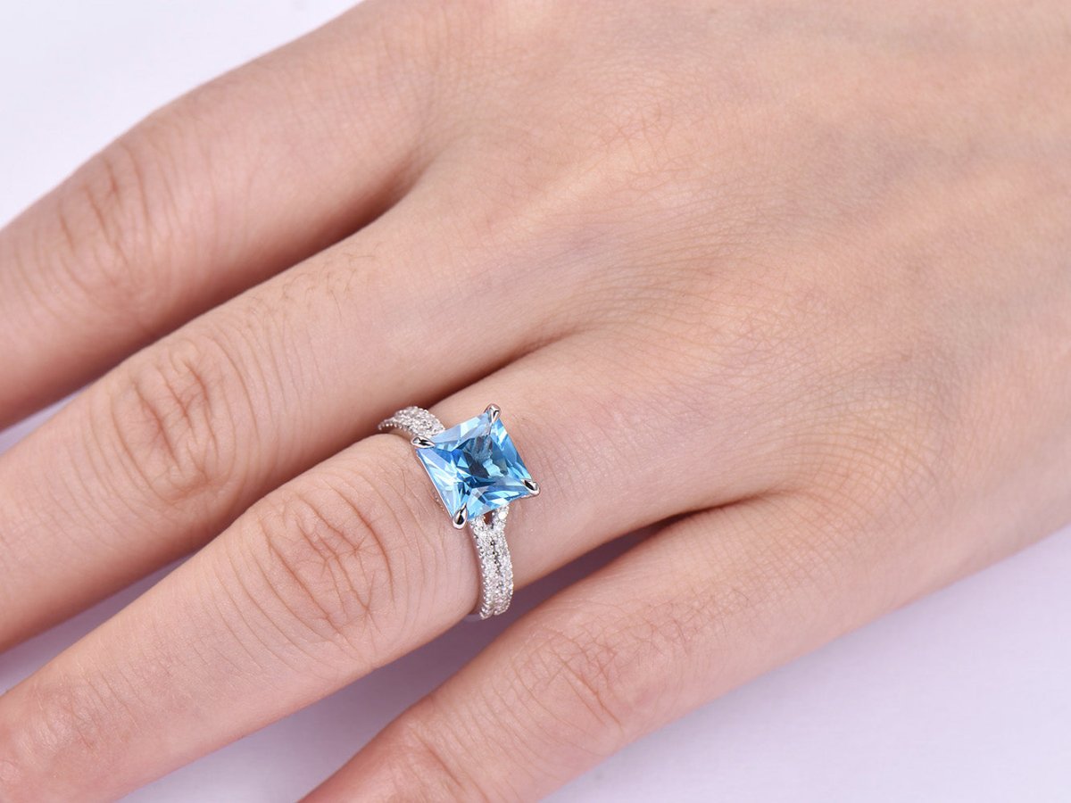 Princess Swiss Blue Topaz United - as - One Chevron Diamond Bridal Set - Lord of Gem Rings