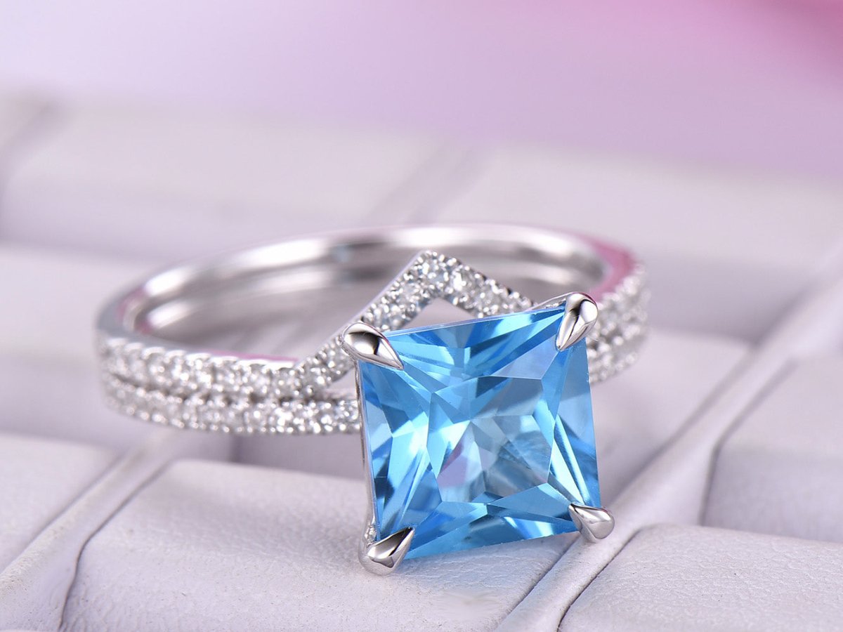 Princess Swiss Blue Topaz United - as - One Chevron Diamond Bridal Set - Lord of Gem Rings