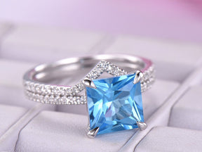 Princess Swiss Blue Topaz United - as - One Chevron Diamond Bridal Set - Lord of Gem Rings