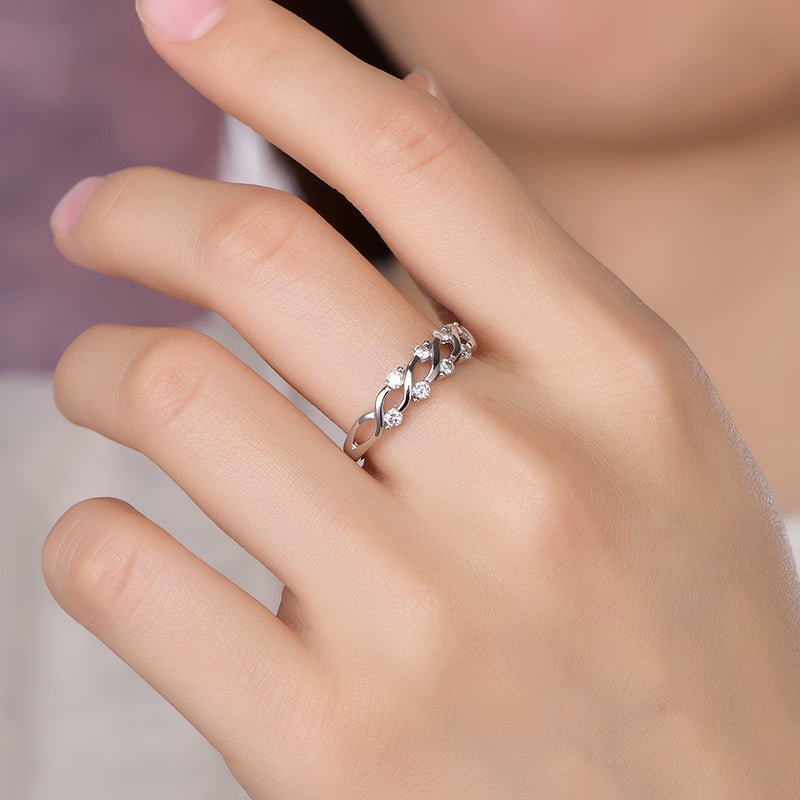Prong - Set Moissanite Floating Criss - cross Wedding Band 14k White Gold - Lord of Gem Rings