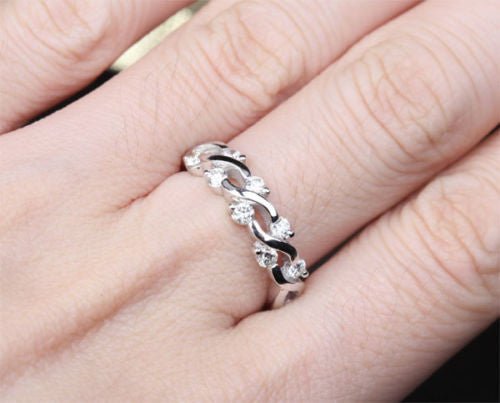 Prong - Set Moissanite Floating Criss - cross Wedding Band 14k White Gold - Lord of Gem Rings