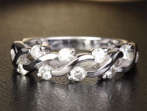 Prong - Set Moissanite Floating Criss - cross Wedding Band 14k White Gold - Lord of Gem Rings
