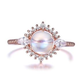 Prong - Set Round Moonstone Floral Halo Pear Diamond Accents Ring - Lord of Gem Rings