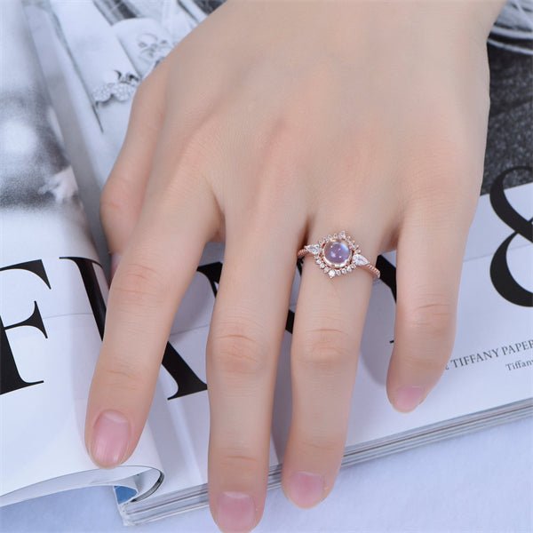 Prong - Set Round Moonstone Floral Halo Pear Diamond Accents Ring - Lord of Gem Rings