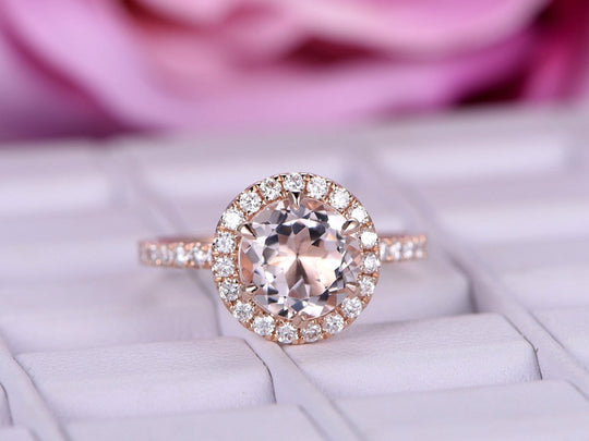 Prong-Set Round Morganite Ring Diamond Halo 14K Rose Gold