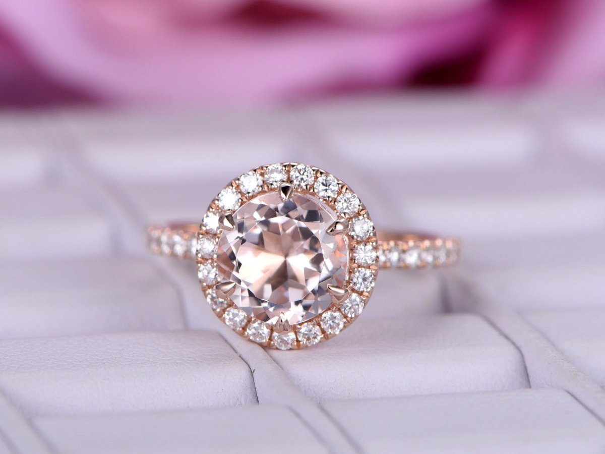 Prong - Set Round Morganite Ring Diamond Halo 14K Rose Gold - Lord of Gem Rings