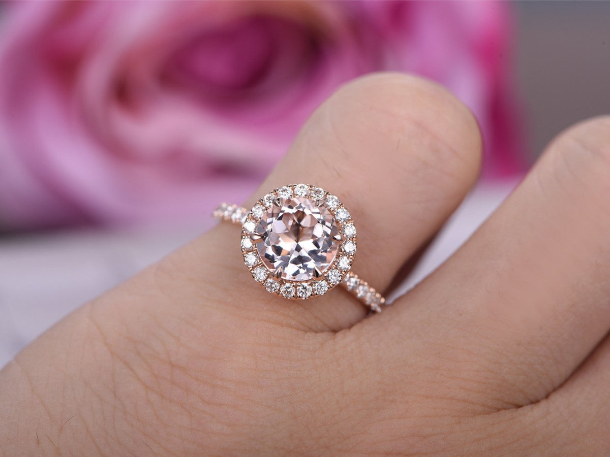 Prong - Set Round Morganite Ring Diamond Halo 14K Rose Gold - Lord of Gem Rings