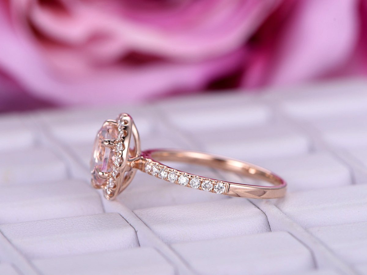 Prong - Set Round Morganite Ring Diamond Halo 14K Rose Gold - Lord of Gem Rings