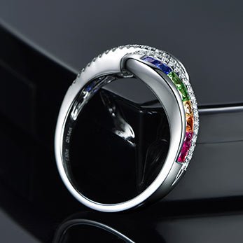 Rainbow Roll Ruby Sapphire Tsavorite Diamond Birthstone Band 18K Gold - Lord of Gem Rings