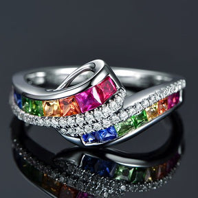 Rainbow Roll Ruby Sapphire Tsavorite Diamond Birthstone Band 18K Gold - Lord of Gem Rings
