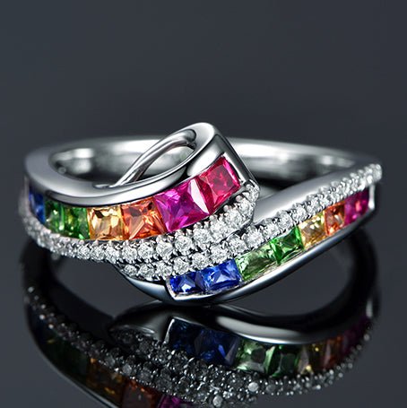 Rainbow Roll Ruby Sapphire Tsavorite Diamond Birthstone Band 18K Gold - Lord of Gem Rings