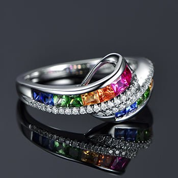 Rainbow Roll Ruby Sapphire Tsavorite Diamond Birthstone Band 18K Gold - Lord of Gem Rings