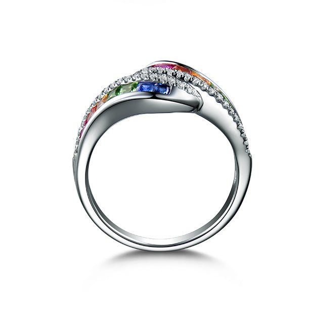 Rainbow Roll Ruby Sapphire Tsavorite Diamond Birthstone Band 18K Gold - Lord of Gem Rings