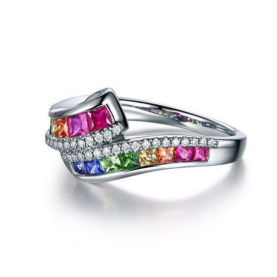Rainbow Roll Ruby Sapphire Tsavorite Diamond Birthstone Band 18K Gold - Lord of Gem Rings