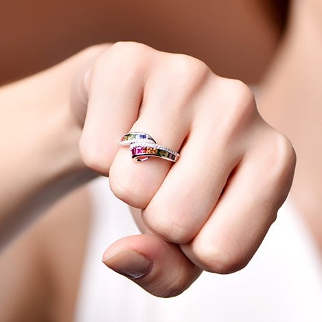 Rainbow Roll Ruby Sapphire Tsavorite Diamond Birthstone Band 18K Gold - Lord of Gem Rings