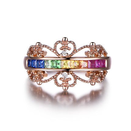 Rainbow Ruby Sapphire Tsavorite Crown Birthstone Ring 18k Rose Gold - Lord of Gem Rings