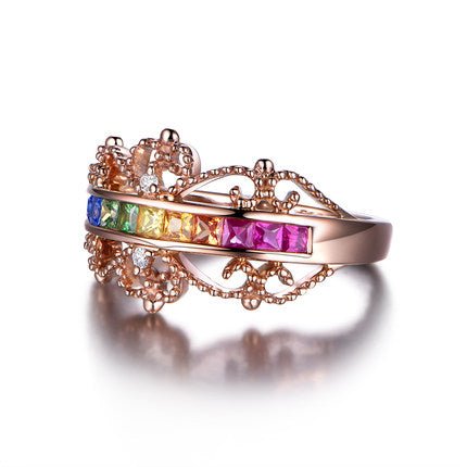 Rainbow Ruby Sapphire Tsavorite Crown Birthstone Ring 18k Rose Gold - Lord of Gem Rings