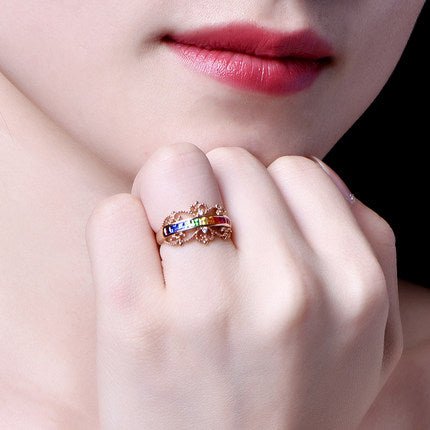 Rainbow Ruby Sapphire Tsavorite Crown Birthstone Ring 18k Rose Gold - Lord of Gem Rings