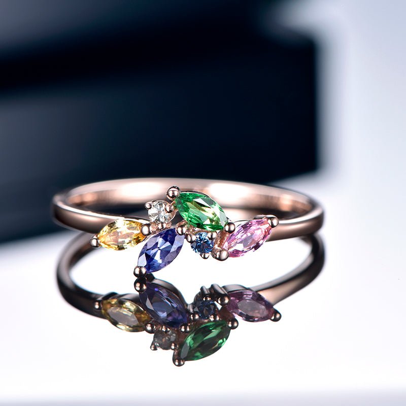 Rainbow Sapphire Tsavorite Tanzanite Birthstone Band 18k Rose Gold - Lord of Gem Rings
