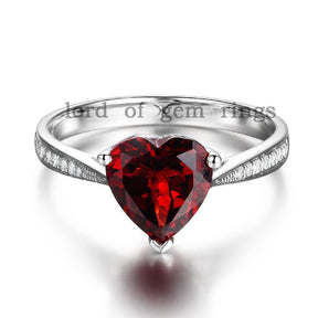 Red Garnet Diamond Accents Heart Ring 14K White Gold - Lord of Gem Rings