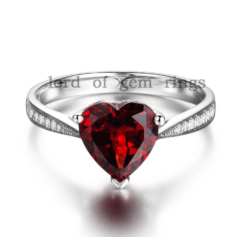 Red Garnet Diamond Accents Heart Ring 14K White Gold - Lord of Gem Rings