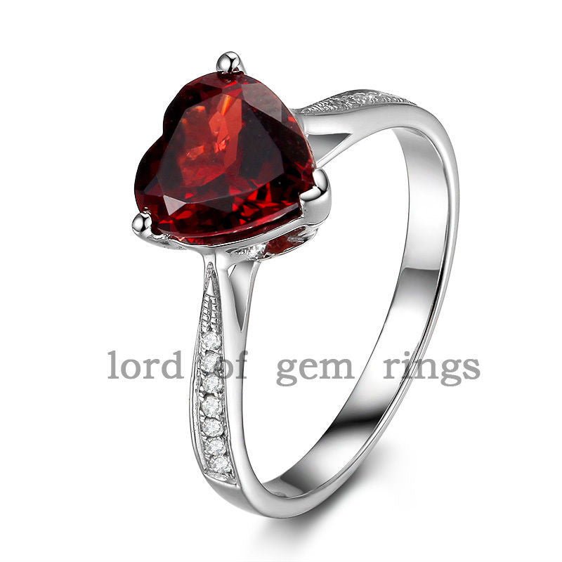 Red Garnet Diamond Accents Heart Ring 14K White Gold - Lord of Gem Rings