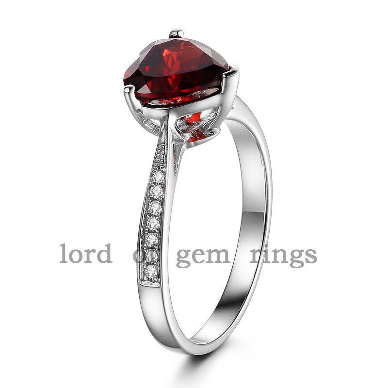 Red Garnet Diamond Accents Heart Ring 14K White Gold - Lord of Gem Rings