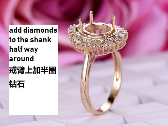 Reserved for AAA Baguette and Round Diamond Shank & Double Halo Semi Mount Ring 14K Gold Oval 6x8mm