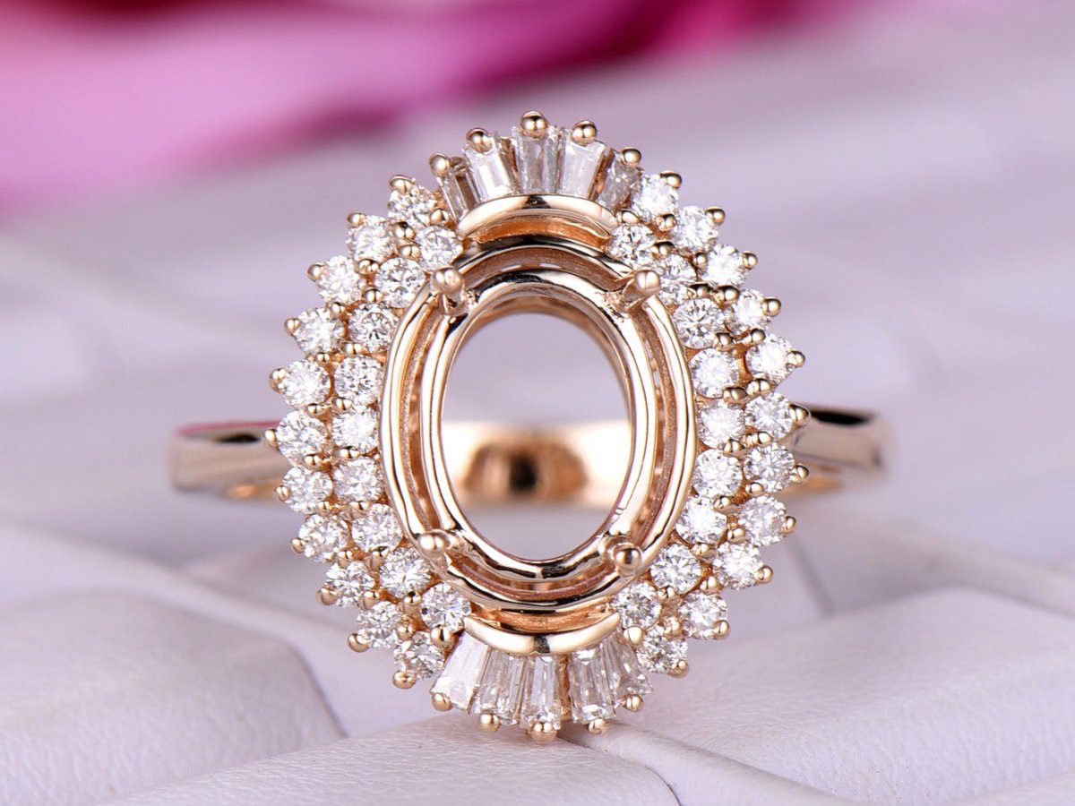 Reserved for AAA Baguette and Round Diamond Shank & Double Halo Semi Mount Ring 14K Gold Oval 6x8mm - Lord of Gem Rings
