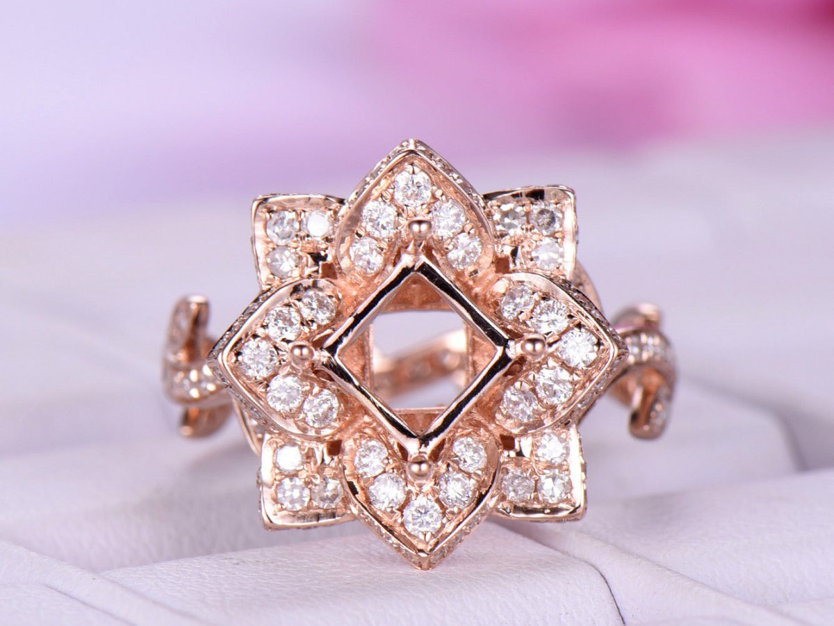 Reserved for AAA Diamond Flora Semi Mount Ring 14K Rose Gold Princess 6.5x6.5mm - Lord of Gem Rings