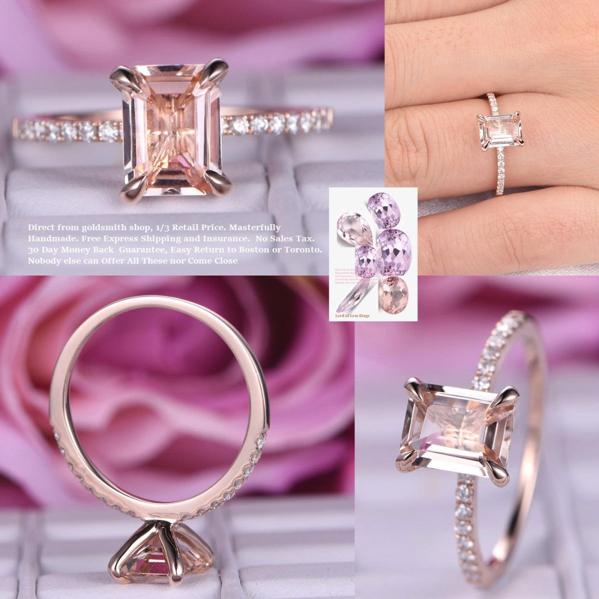 Reserved for AAA Emerald Cut Morganite Engagement Ring 14K Rose Gold 8x10mm - Lord of Gem Rings