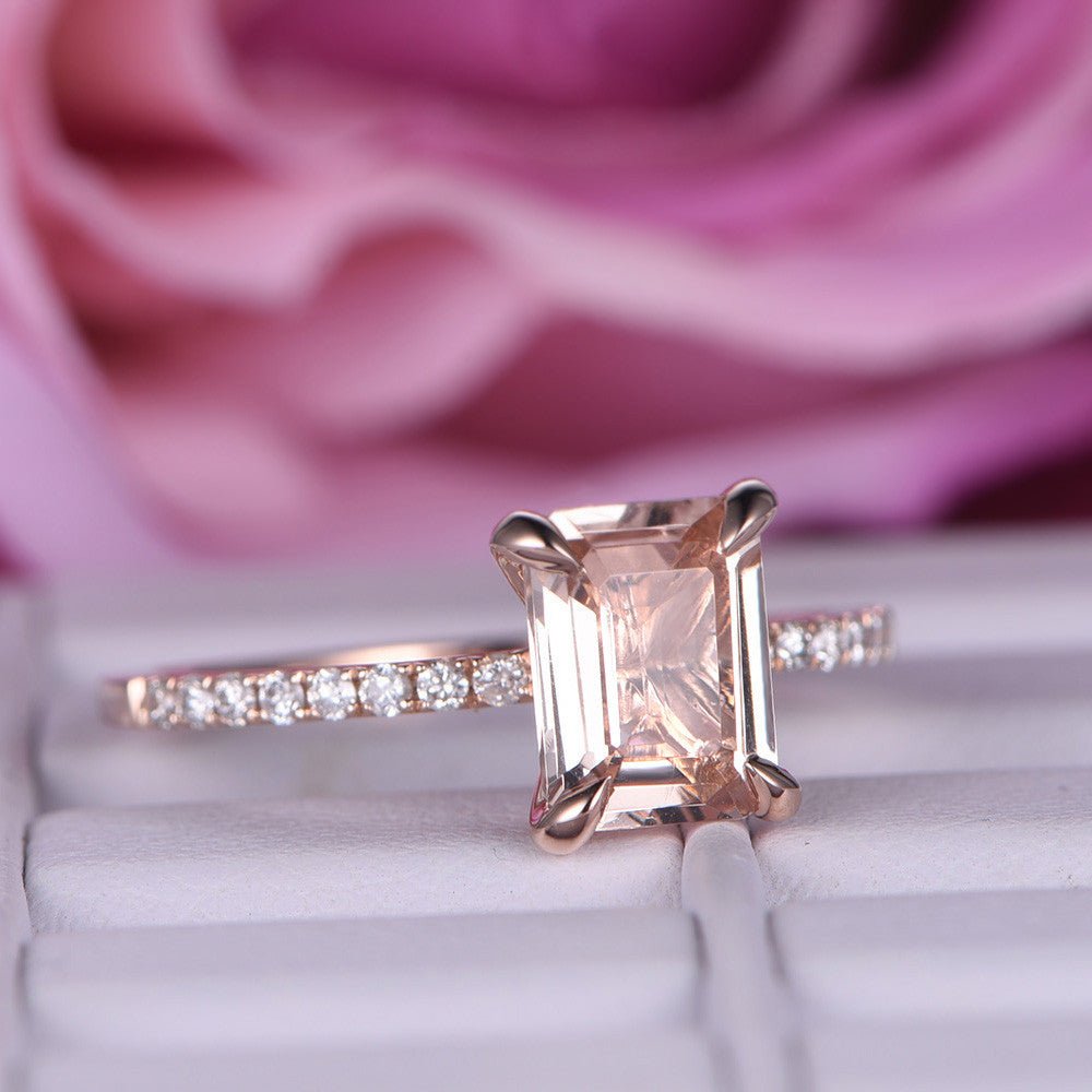 Reserved for AAA: Emerald Cut Morganite Ring Pave Full Cut Diamond Shank 14K Yellow Gold 6x8mm - Lord of Gem Rings
