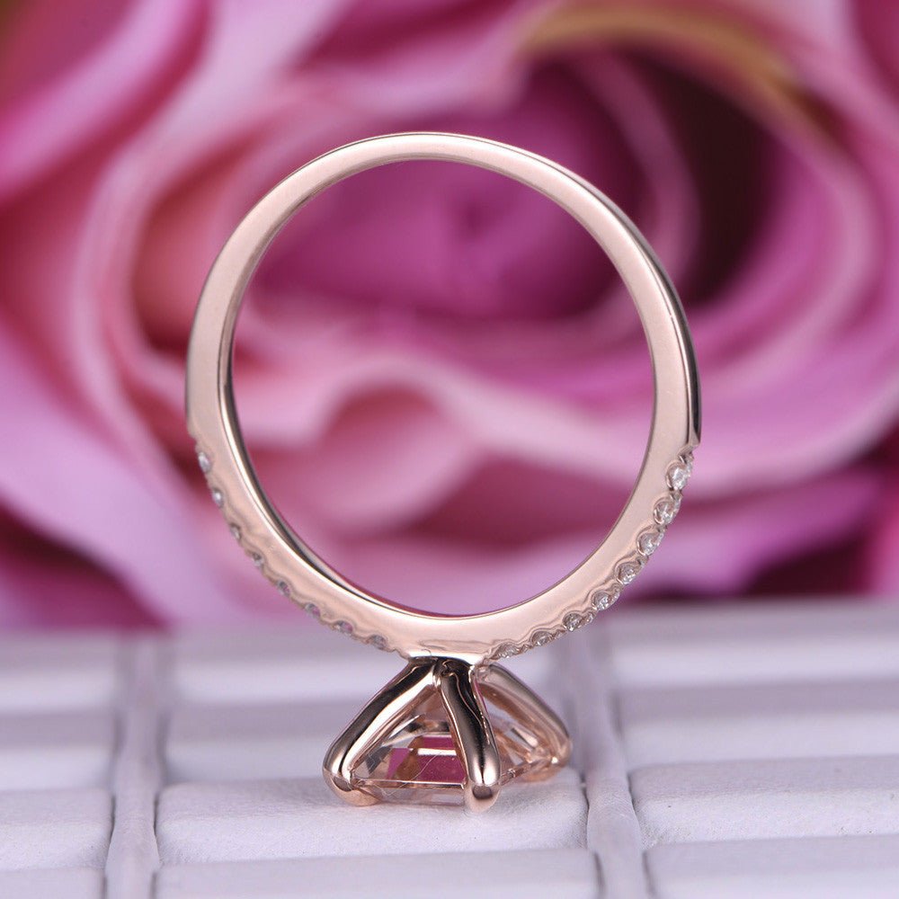 Reserved for AAA: Emerald Cut Morganite Ring Pave Full Cut Diamond Shank 14K Yellow Gold 6x8mm - Lord of Gem Rings