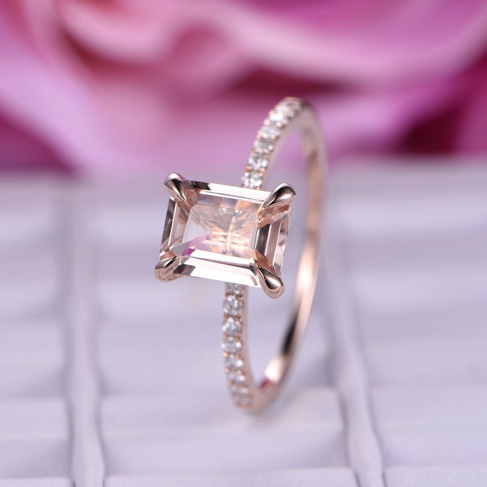 Reserved for AAA: Emerald Cut Morganite Ring Pave Full Cut Diamond Shank 14K Yellow Gold 6x8mm - Lord of Gem Rings