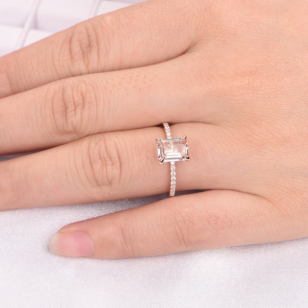 Reserved for AAA: Emerald Cut Morganite Ring Pave Full Cut Diamond Shank 14K Yellow Gold 6x8mm - Lord of Gem Rings