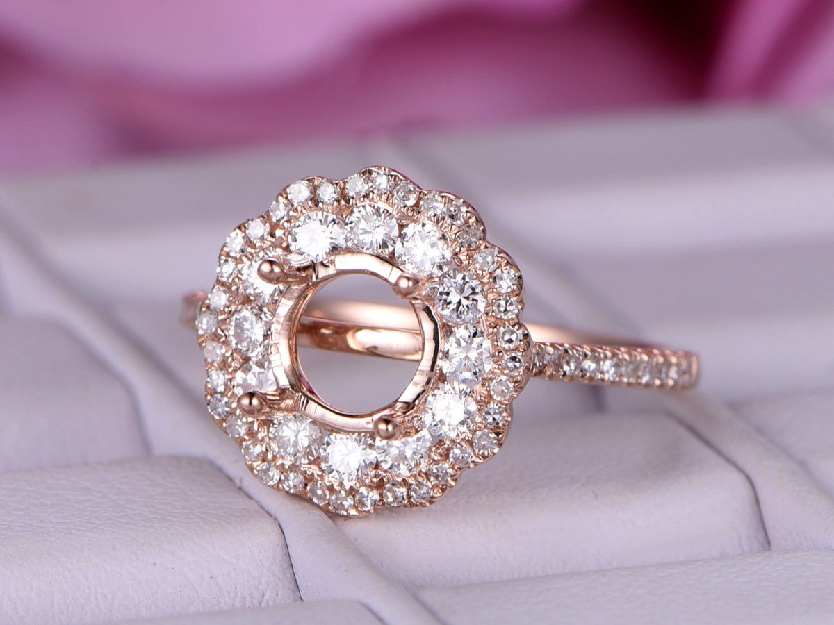 Reserved for AAA - Engagement Semi Mount Ring Layered Diamond Double Halo 14K Rose Gold Round 7mm - Lord of Gem Rings