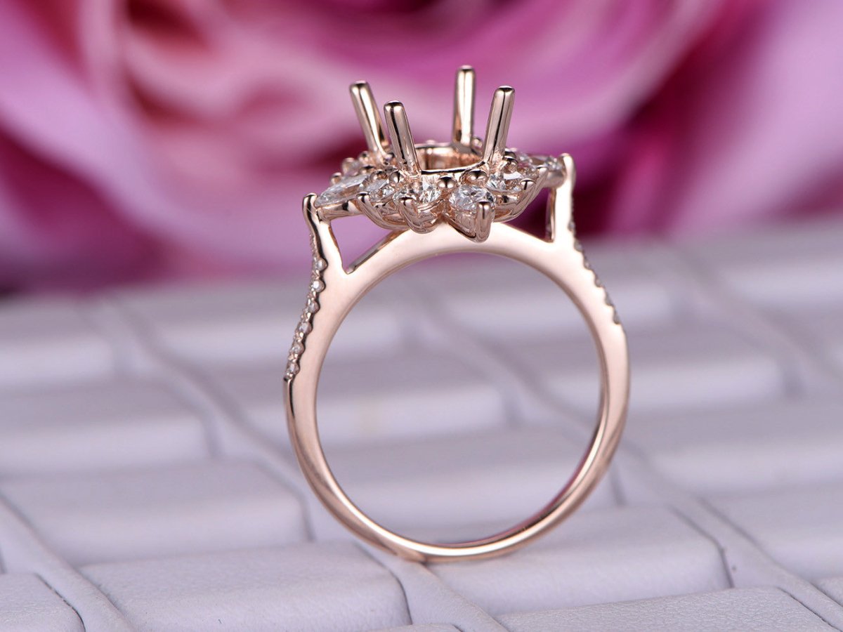 Reserved for AAA Marquise Diamond Halo Semi Mount Ring 14K Rose Gold Oval 5.5x7.5mm - Lord of Gem Rings