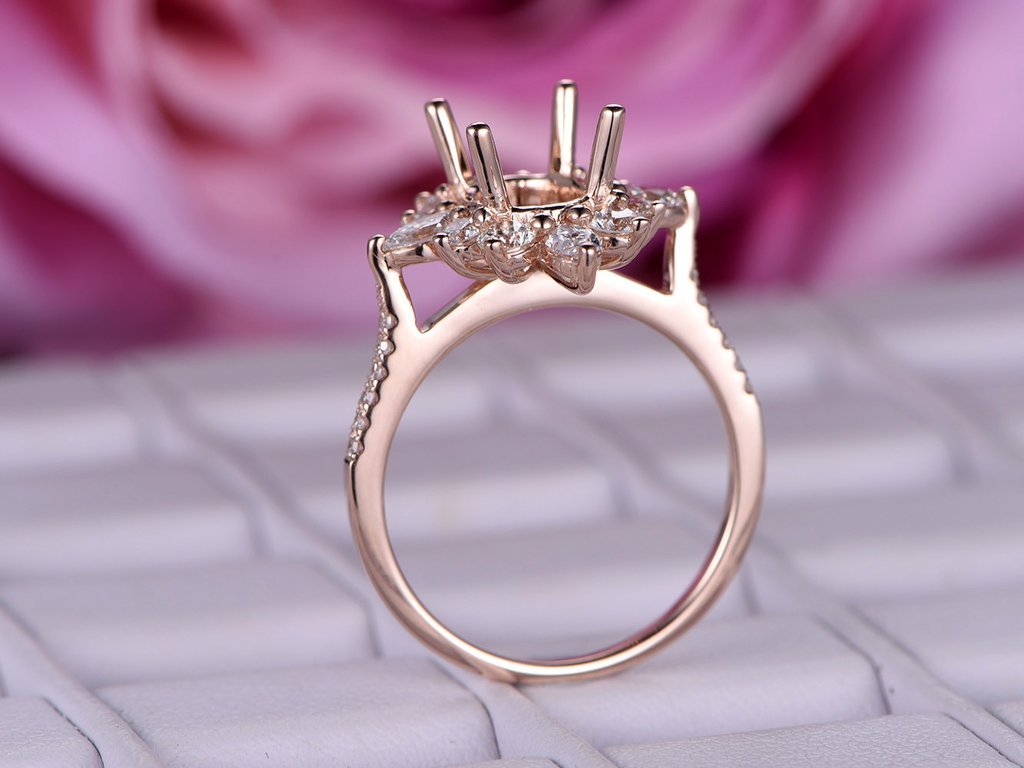 Reserved for AAA Marquise/Round Diamond Halo Semi Mount Ring 14K Yellow Gold Oval 6x8mm - Lord of Gem Rings