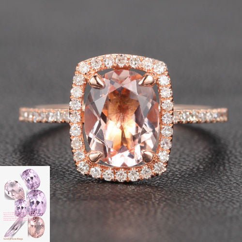 Reserved for AAA Oval Morganite Ring 14K Rose Gold Cushion Halo 6x8mm - Lord of Gem Rings