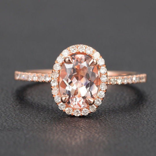 Reserved for AAA  Oval Morganite Ring Full Cut Diamond Halo/Shank 14K Rose Gold 5x7mm