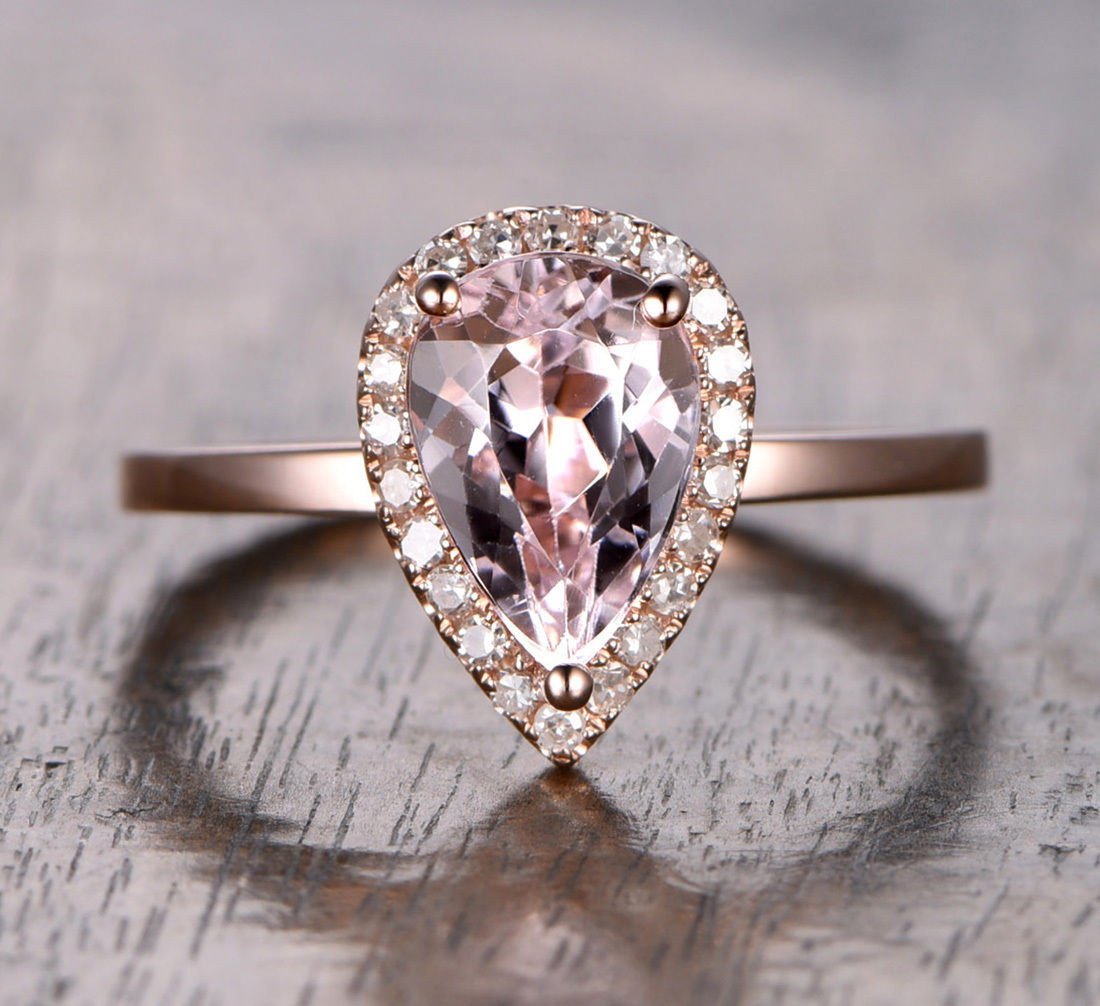 Reserved for AAA Pear Emerald Ring Diamond Halo Plain Shank 14K Rose Gold 6x8mm - Lord of Gem Rings