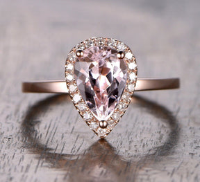Reserved for AAA Pear Emerald Ring Diamond Halo Plain Shank 14K Rose Gold 6x8mm - Lord of Gem Rings