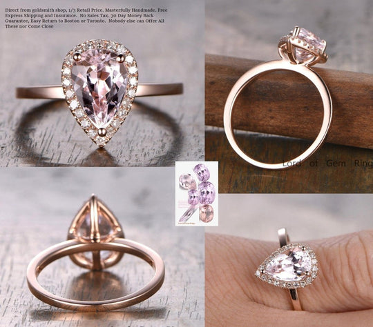 Reserved for AAA Pear Morganite Ring Pave Diamond Halo Plain Shank 14K Yellow Gold 6x8mm