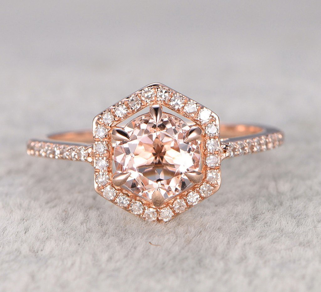 Reserved for AAA Semi Mount Cathedral Ring Diamond Hexagon Halo 14K Rose Gold 8mm Round - Lord of Gem Rings